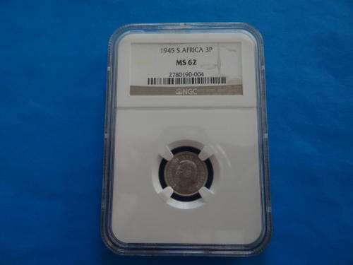 A LOVELY 1945 MS 62 GRADED UNION THREEPENCE